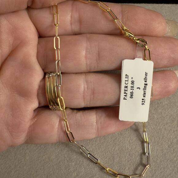 3mm Tri Gold Paperclip Anklet 10in/ 925 Silver Made In Italy BSI~NEW - Picture 2 of 6